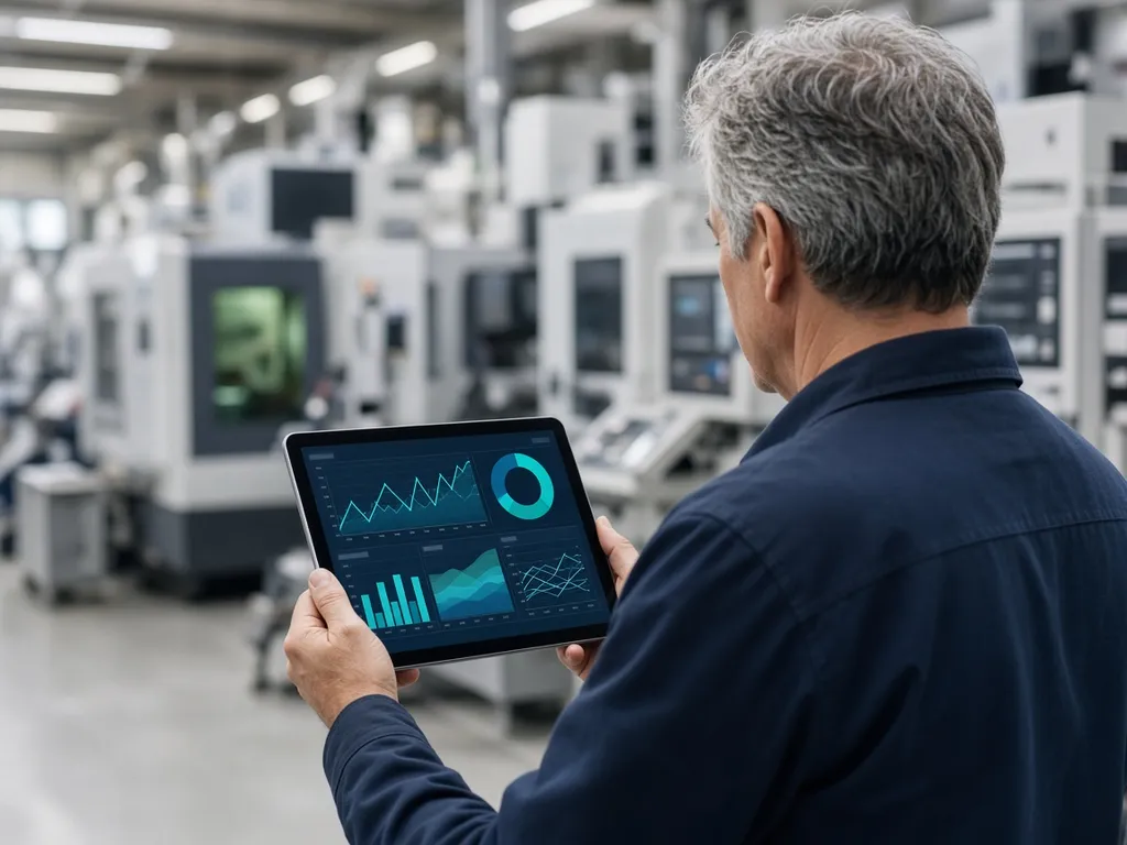 Manager checking an AI predictive maintenance dashboard on a tablet on a factory floor