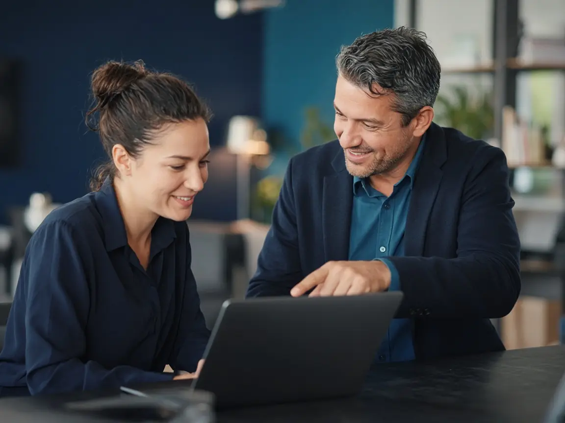 AI expert mentoring an employee one-to-one at a laptop during supervised real-work training