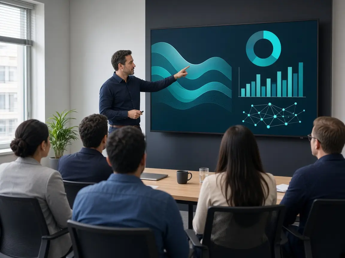 AI trainer presenting data visualisations on a screen to a small business team